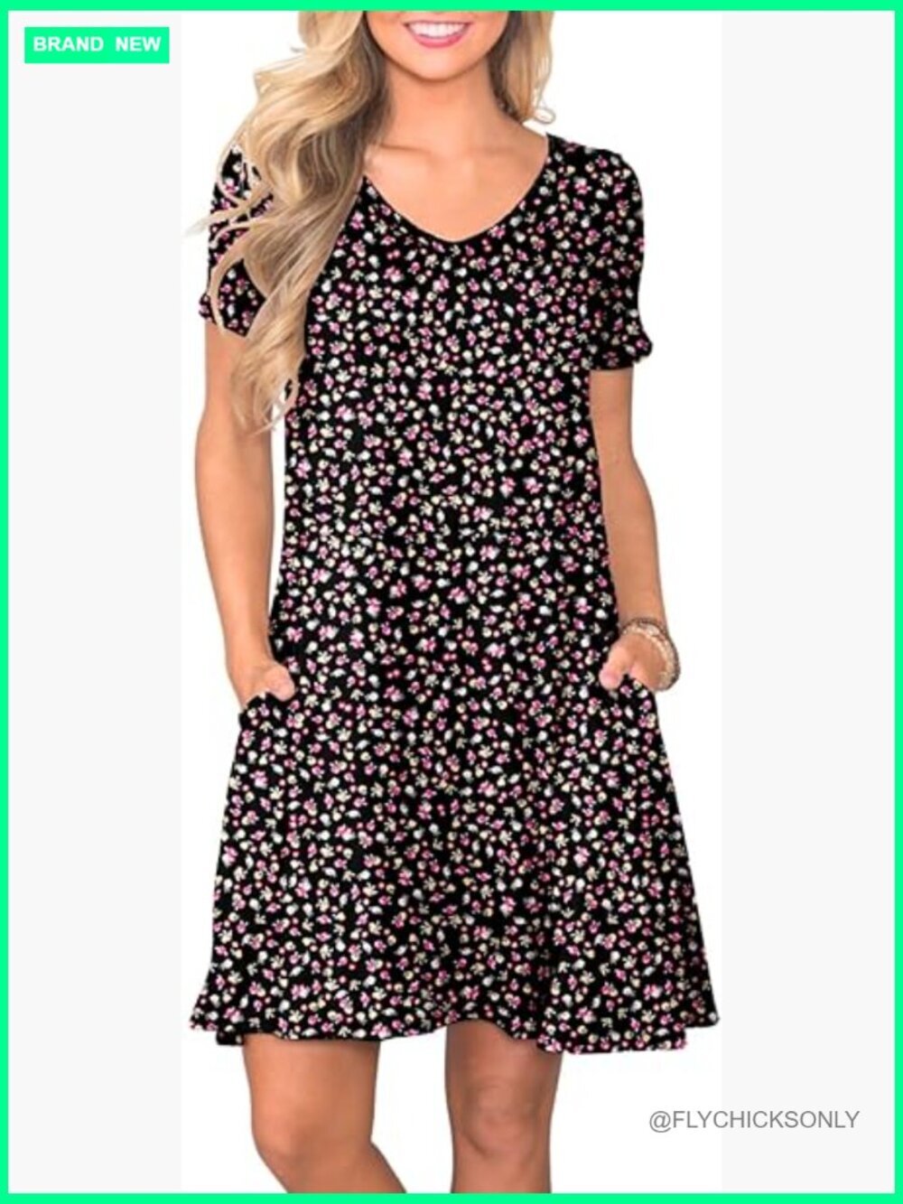 Rayon V-Neck Swing Dress with Pockets, Short Sleeve Casual